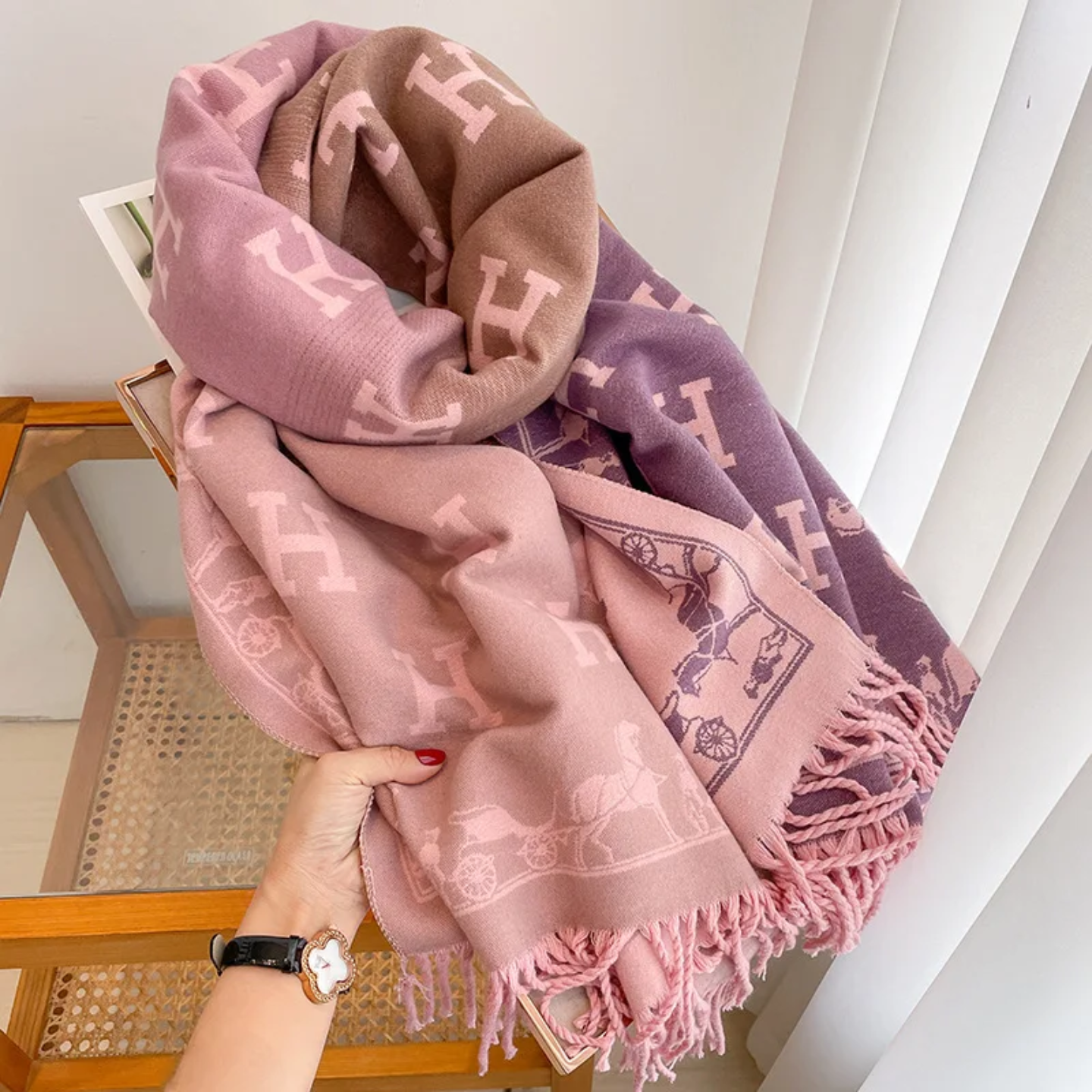 Pink Ombray scarf with H patterns 
