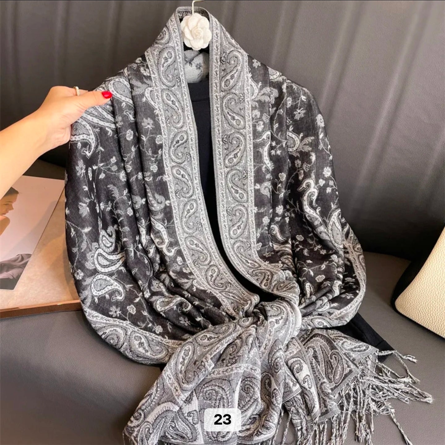 Luxury Paisley Woven Pashmina Shawl with Intricate Border & Tassel Fringe | Premium Kashmiri Style Wrap
