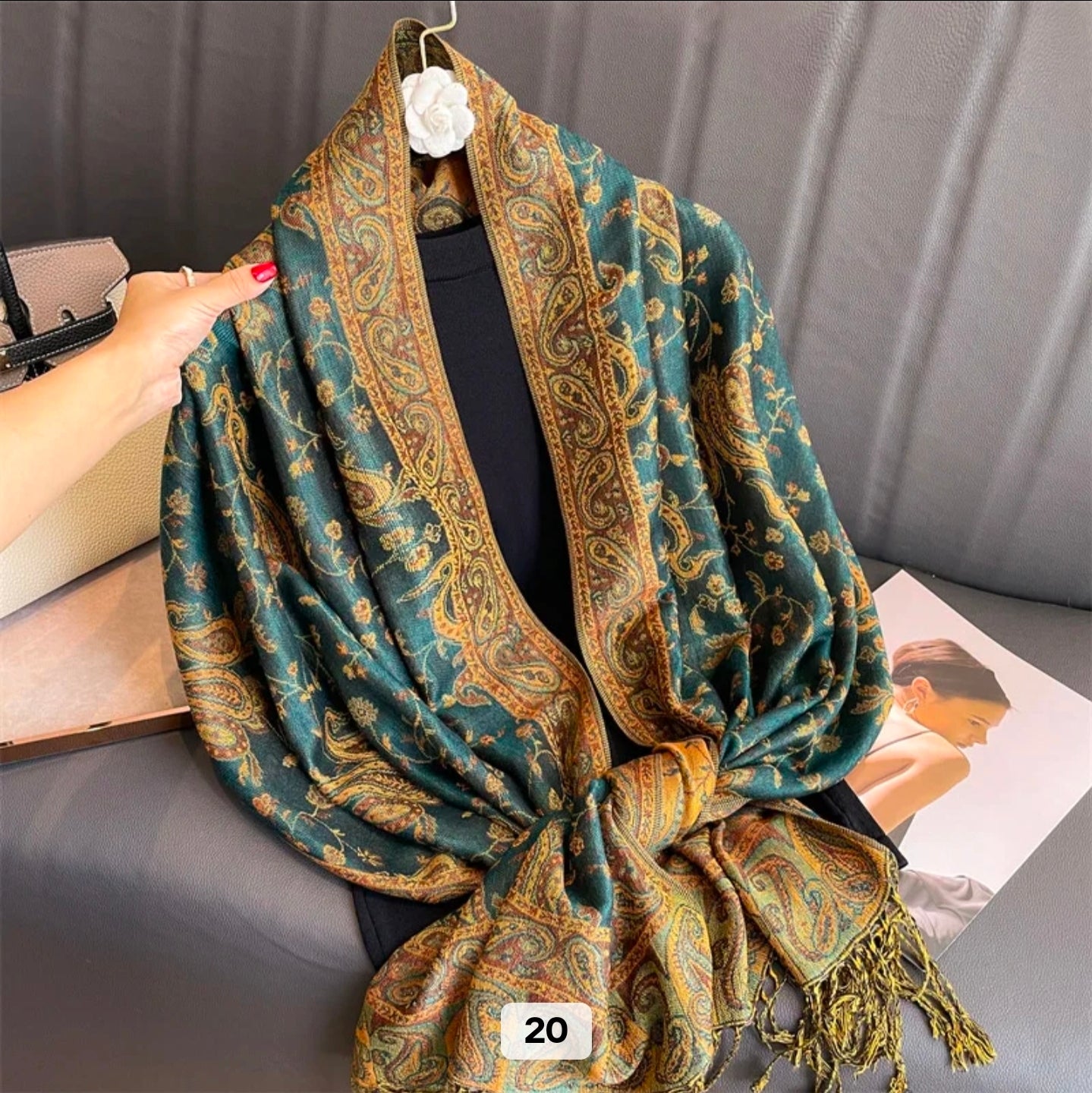 Luxury Paisley Woven Pashmina Shawl with Intricate Border & Tassel Fringe | Premium Kashmiri Style Wrap