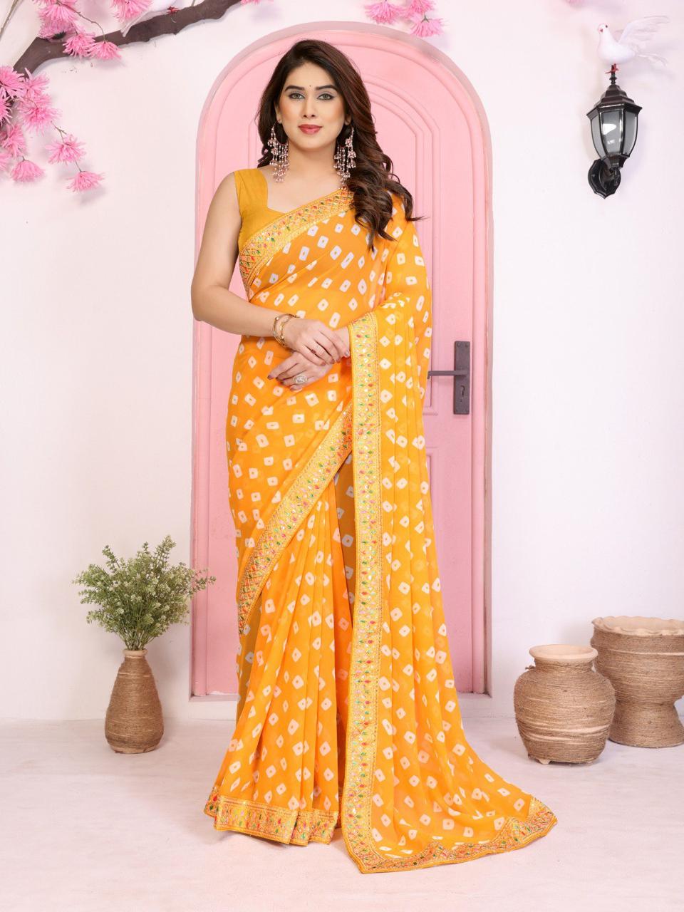 Sakhi 5 – Party Wear Soft Georgette Bandhej Saree with Heavy Embroidery Lace Border & Blouse