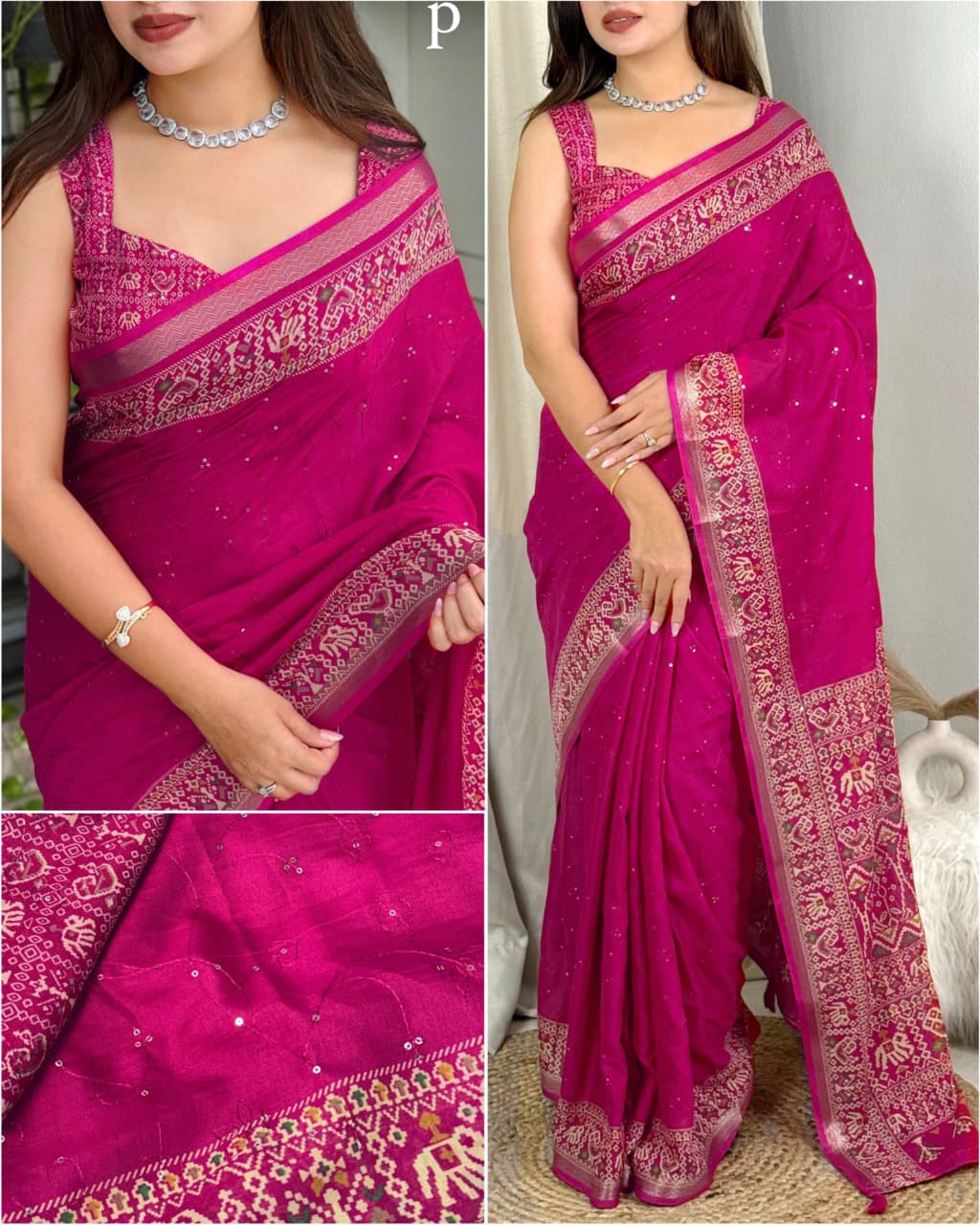 Pink Saree Multi View 
Pink Pure Viscose Georgette Saree with Zari Work and Jacquard Border – Elegant Designer Partywear Saree