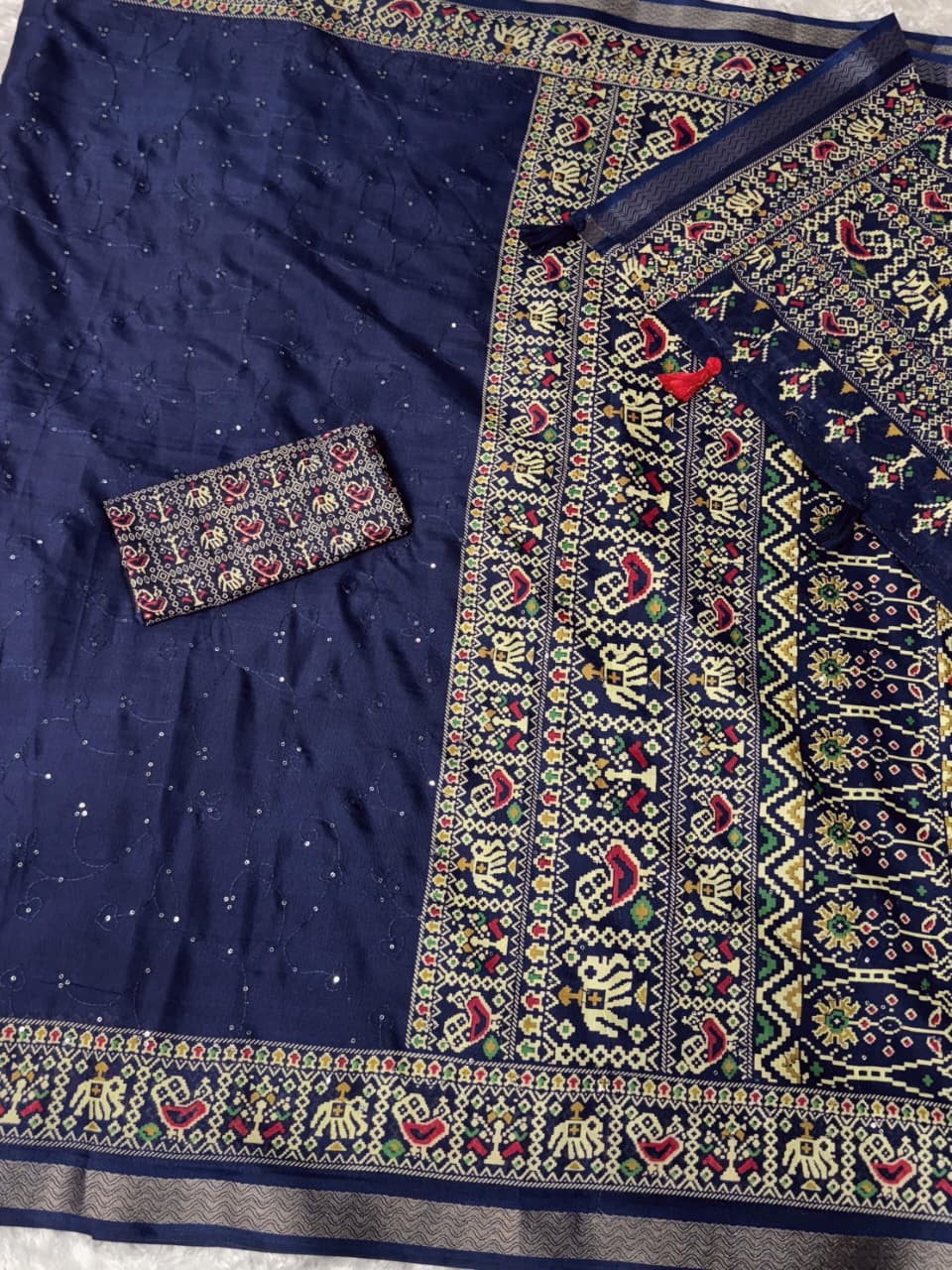 Navy Blue Saree Close up 
Navy Blue Pure Viscose Georgette Saree with Zari Work and Jacquard Border – Elegant Designer Partywear Saree
