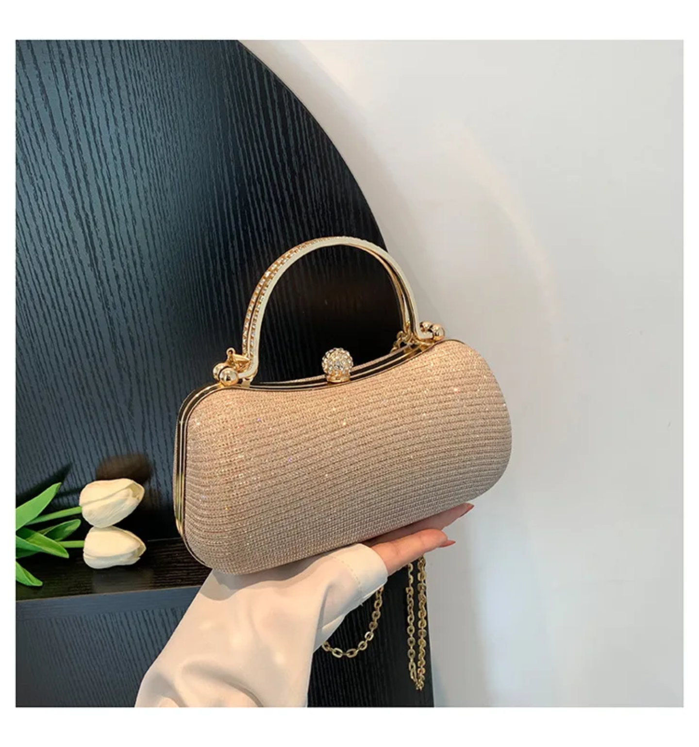 Elegant Glitter Clutch Bags for Women – Evening Party Handbags with Gold Handle & Chain Strap
