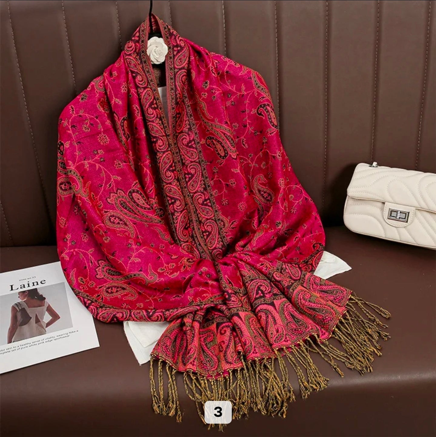Luxury Paisley Woven Pashmina Shawl with Intricate Border & Tassel Fringe | Premium Kashmiri Style Wrap