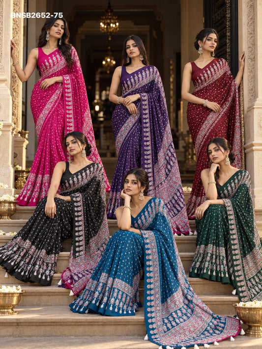 Traditional Japan Satin Saree with Real Mirror Work & Elegant Ethnic Printed Border | Indian Wedding & Festive Wear
