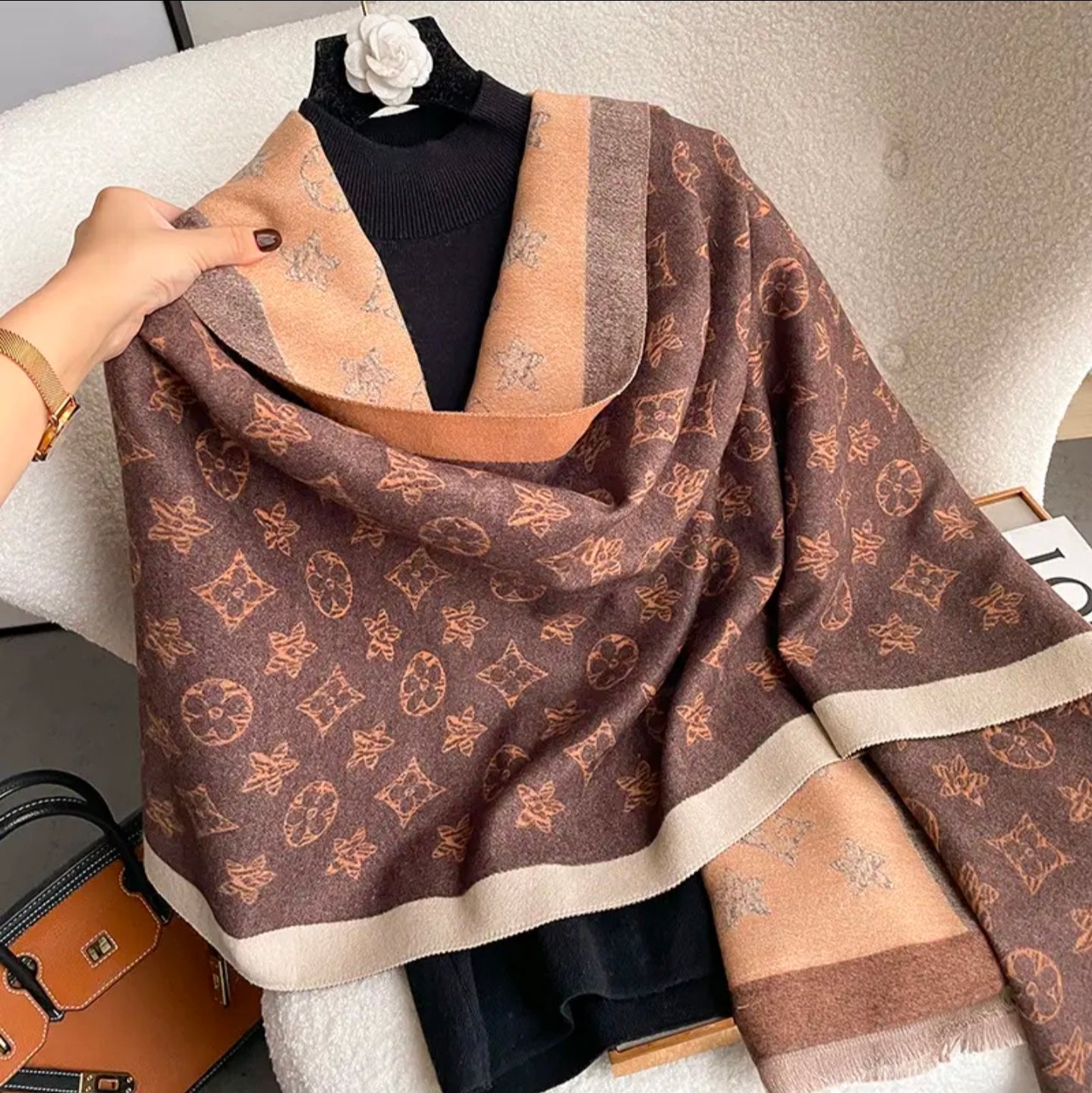 Brown monogram pattern scarf 