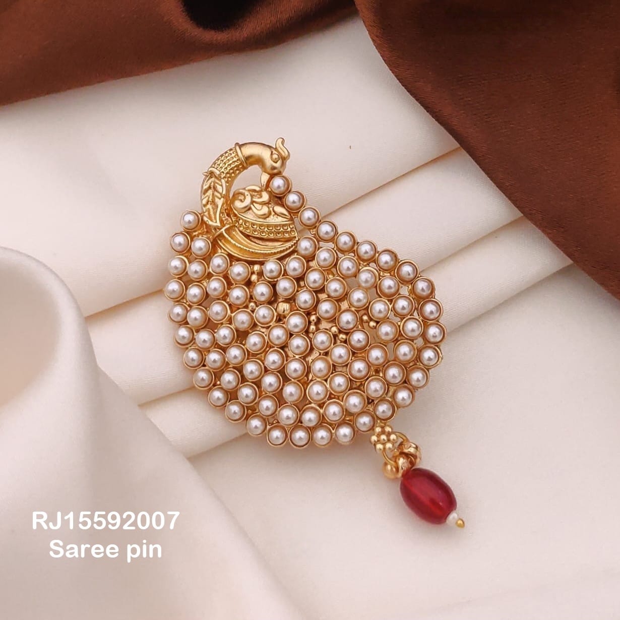 Gold and pearl saree pin brooch with red drop detail – bridal saree accessory