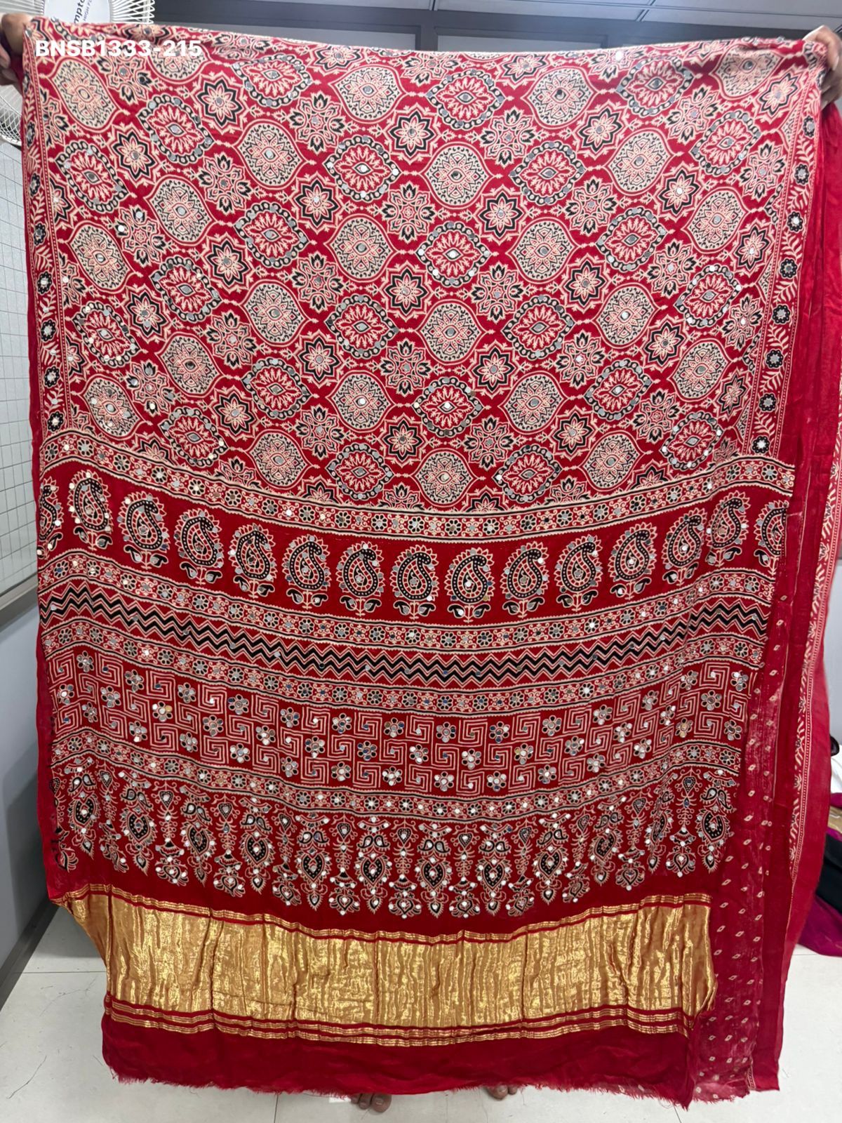 Elegant Ajrakh Bandhani Gaji Silk Saree With Mirror Work & Gota Patti Handwork –Traditional Bandhej Saree  Ready to wear fall pico completed