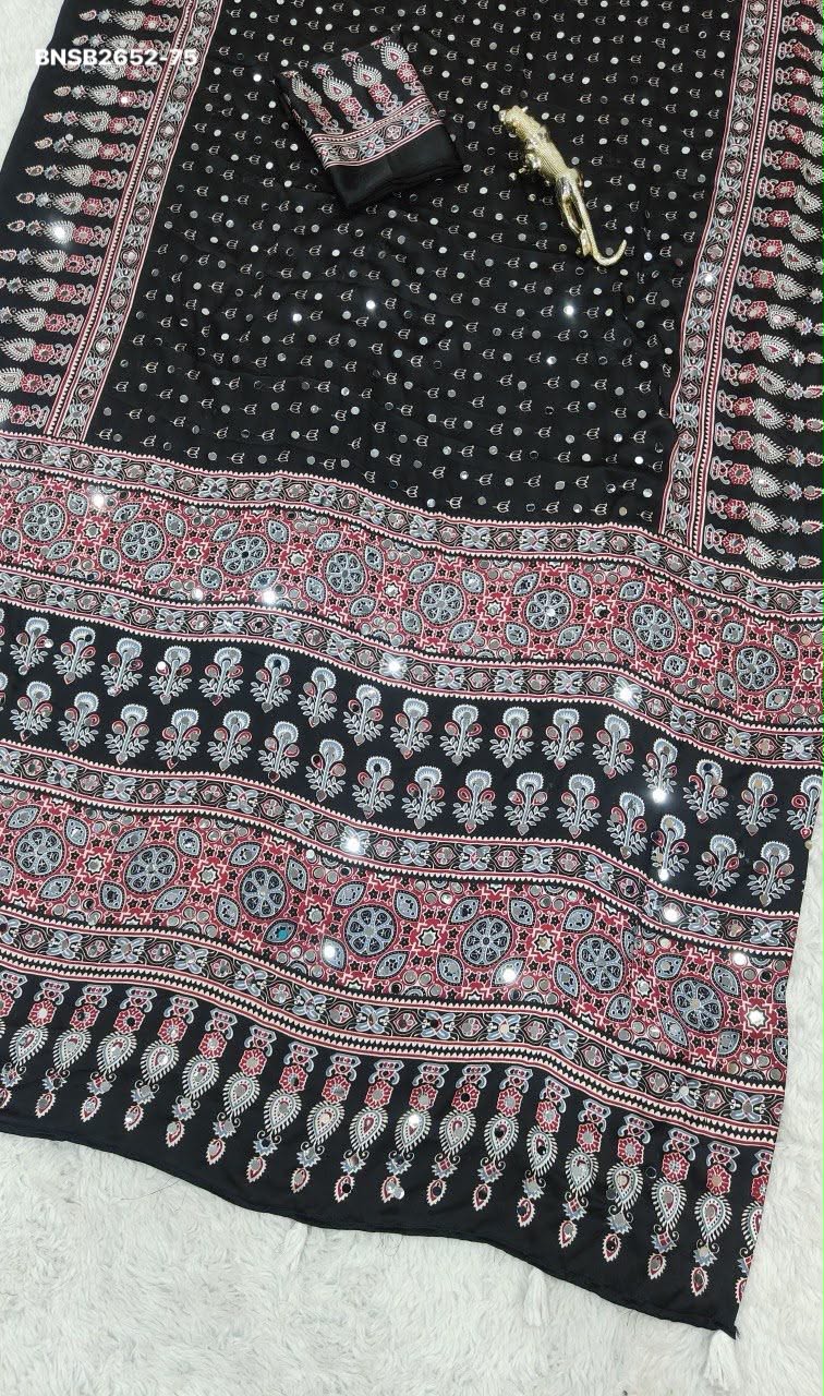 Traditional Japan Satin Saree with Real Mirror Work & Elegant Ethnic Printed Border | Indian Wedding & Festive Wear