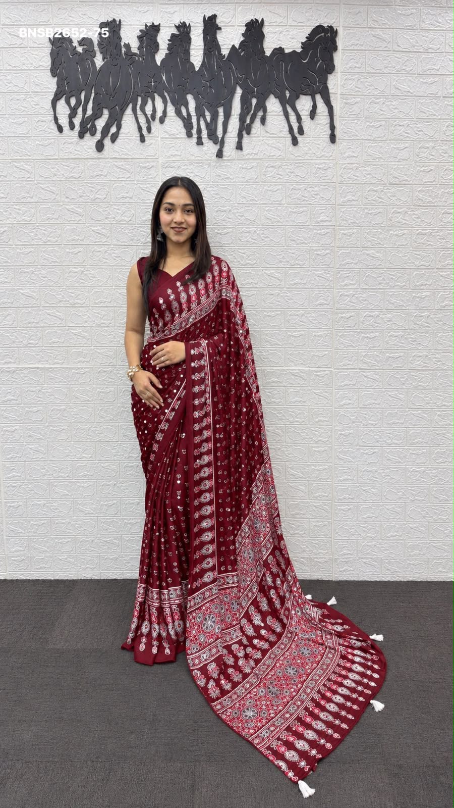 Traditional Japan Satin Saree with Real Mirror Work & Elegant Ethnic Printed Border | Indian Wedding & Festive Wear