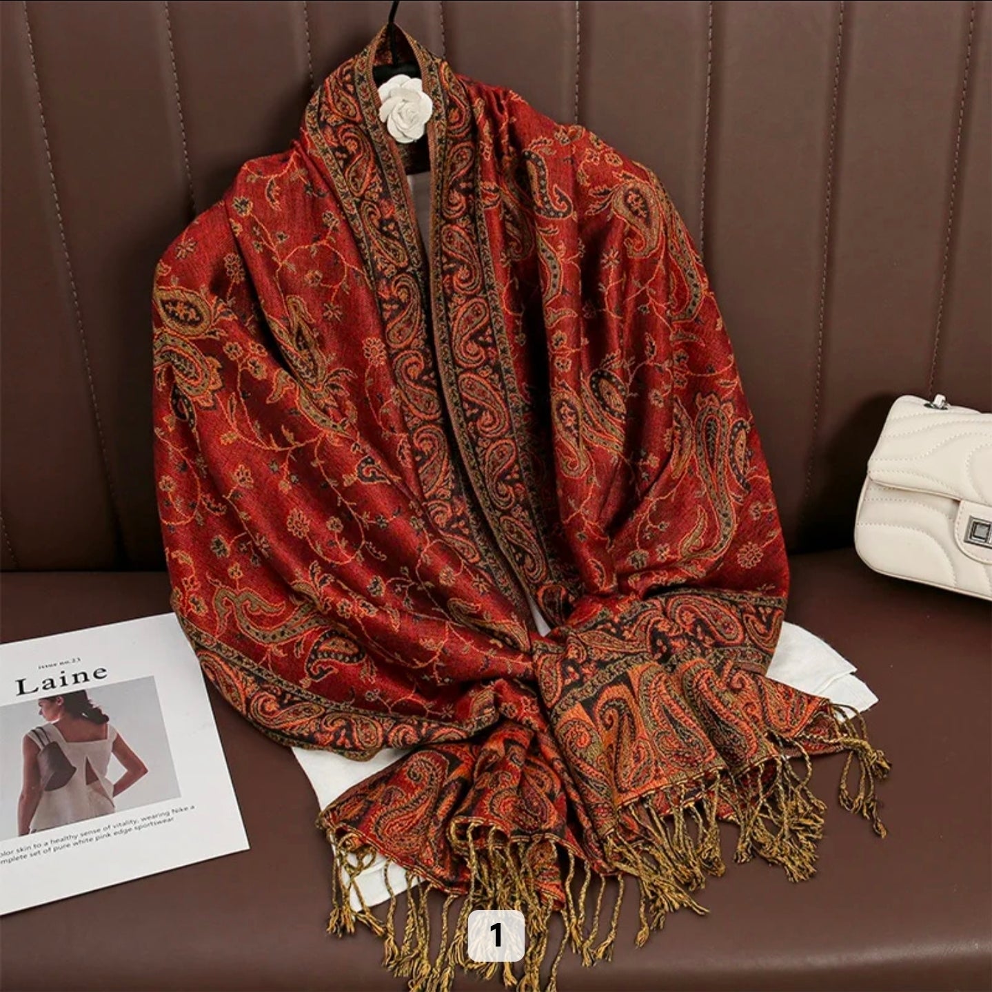 Luxury Paisley Woven Pashmina Shawl with Intricate Border & Tassel Fringe | Premium Kashmiri Style Wrap
