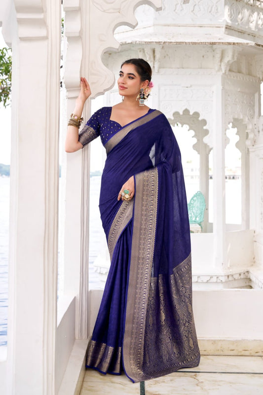Premium Chinon Silk Saree with Intricate Zari Weaving & Self Print | Elegant Party & Occasion Wear