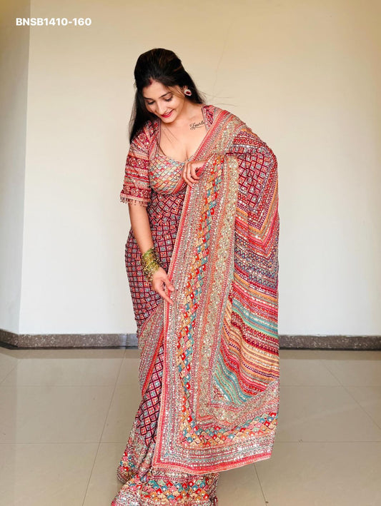 Multicolour Soft Chinnon Saree | Real Mirror Work Saree | Designer Printed Saree | Indian Party Wear Saree | Festival Saree