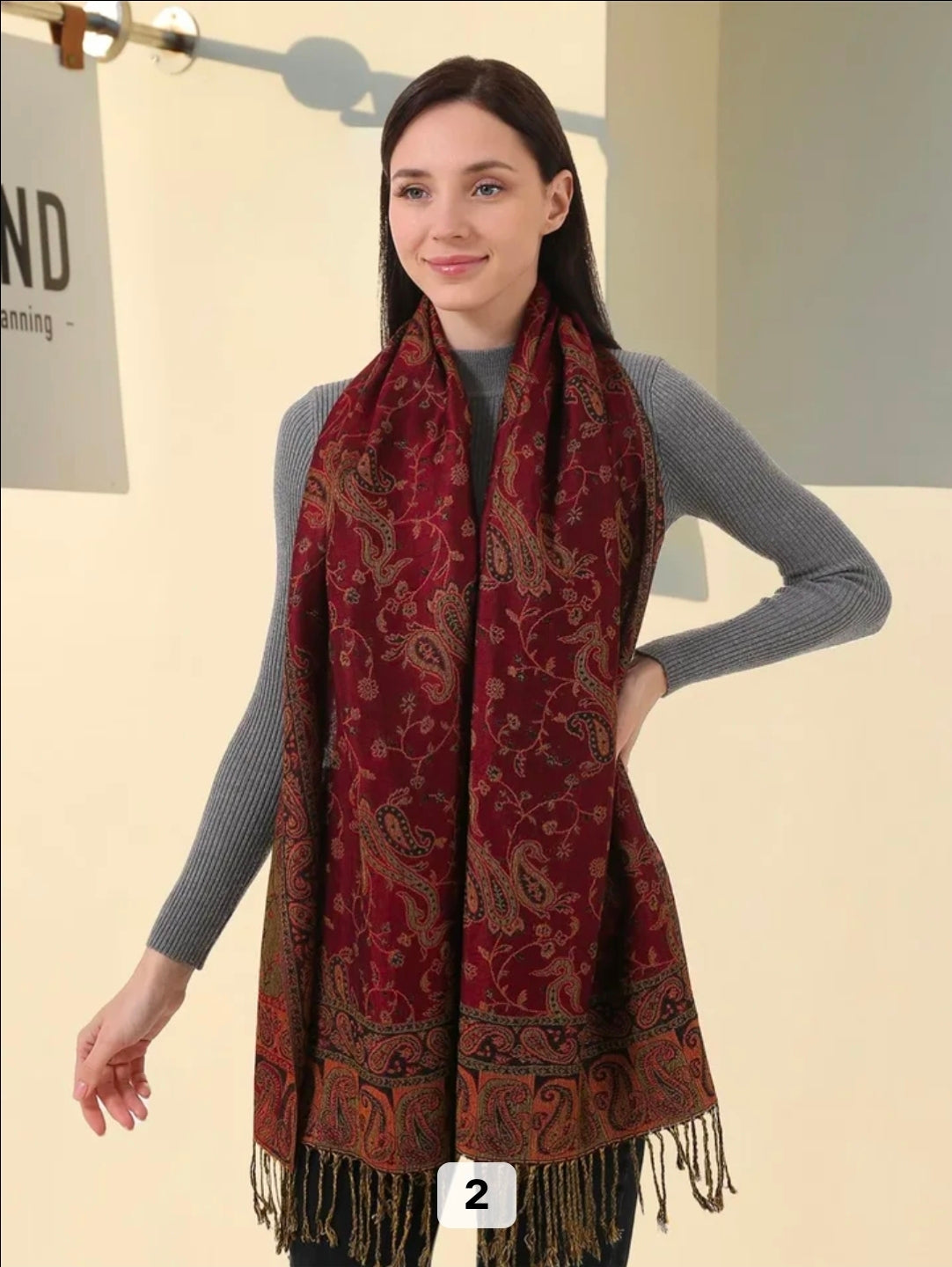 Luxury Paisley Woven Pashmina Shawl with Intricate Border & Tassel Fringe | Premium Kashmiri Style Wrap