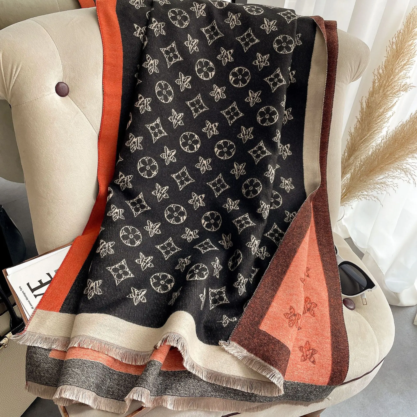 Luxury Monogram Pattern Scarf for Women | Soft Winter Shawl & Wrap | Elegant Statement Accessory