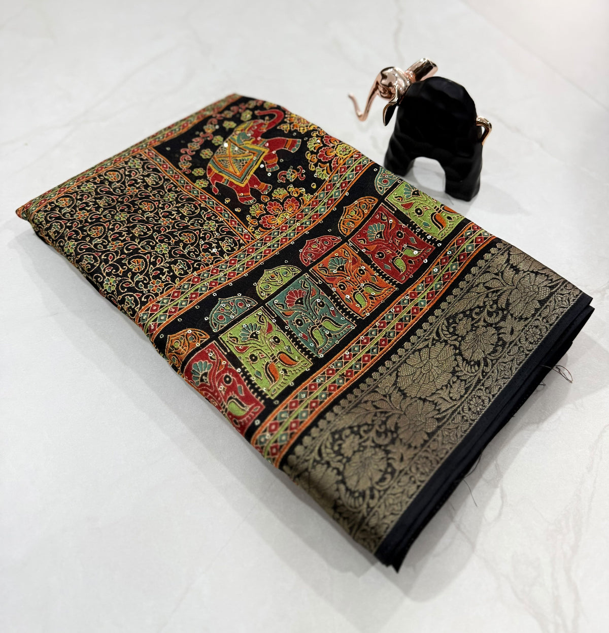 Black Traditional Elephant Print Saree with Multicolour Ajrakh Inspired Design & Gold Zari Border | Indian Ethnic Wear
