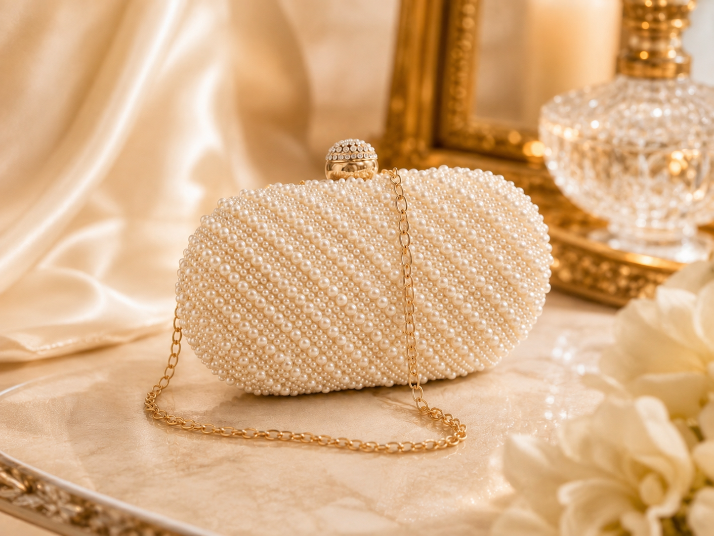 Pearl Beaded Clutch Bag – Ivory Bridal Wedding Evening Handbag with Gold Chain