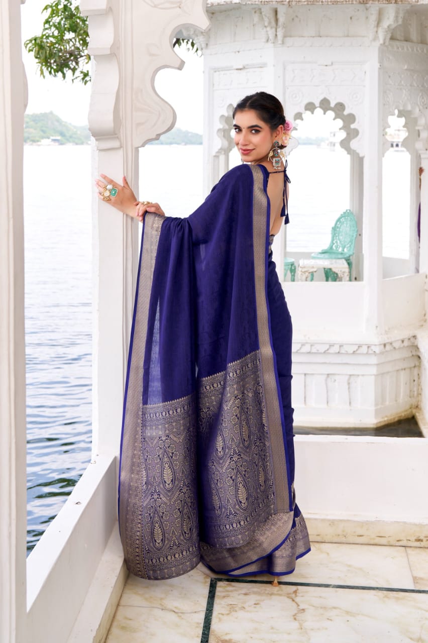 Premium Chinon Silk Saree with Intricate Zari Weaving & Self Print | Elegant Party & Occasion Wear