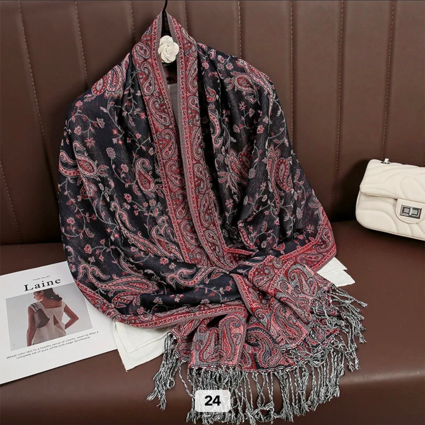 Luxury Paisley Woven Pashmina Shawl with Intricate Border & Tassel Fringe | Premium Kashmiri Style Wrap