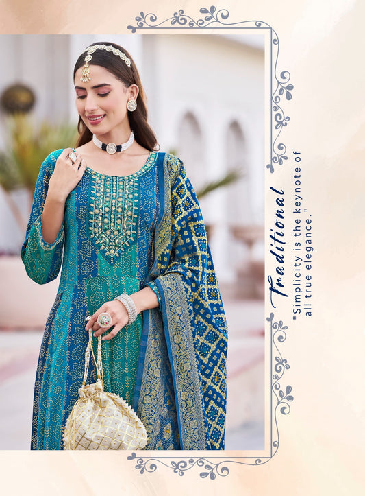 Radhika Lifestyle Elegance Vol 1 – Rayon Print Kurti Anarkali Gown with Pant & Banarasi Jacquard Dupatta