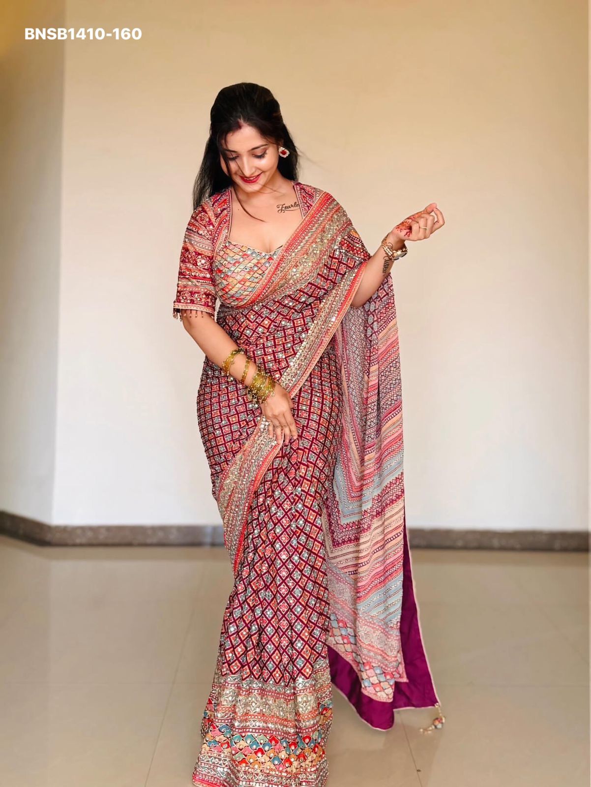 Multicolour Soft Chinnon Saree | Real Mirror Work Saree | Designer Printed Saree | Indian Party Wear Saree | Festival Saree