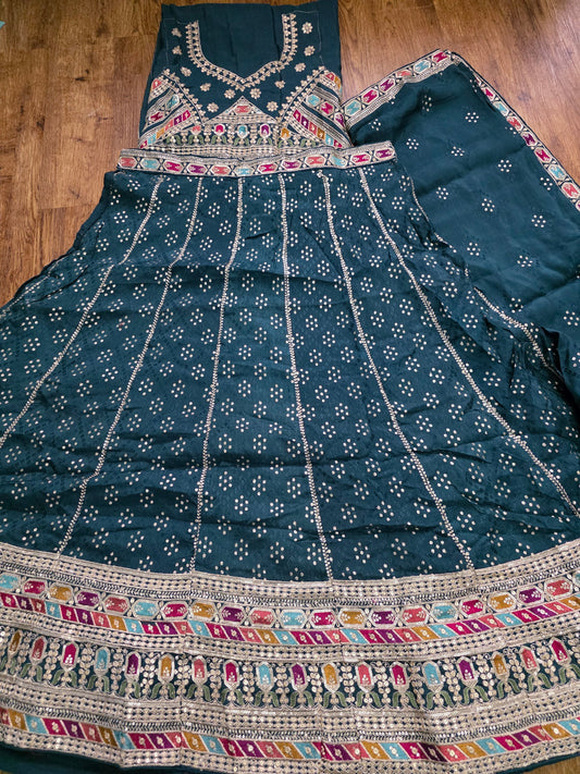 BOTTLE GREEN SEMI STITCHED LEHENGA 