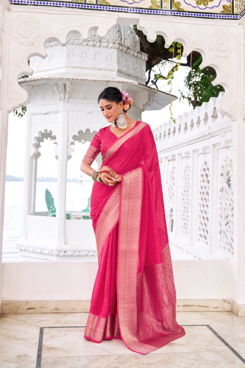 Premium Chinon Silk Saree with Intricate Zari Weaving & Self Print | Elegant Party & Occasion Wear