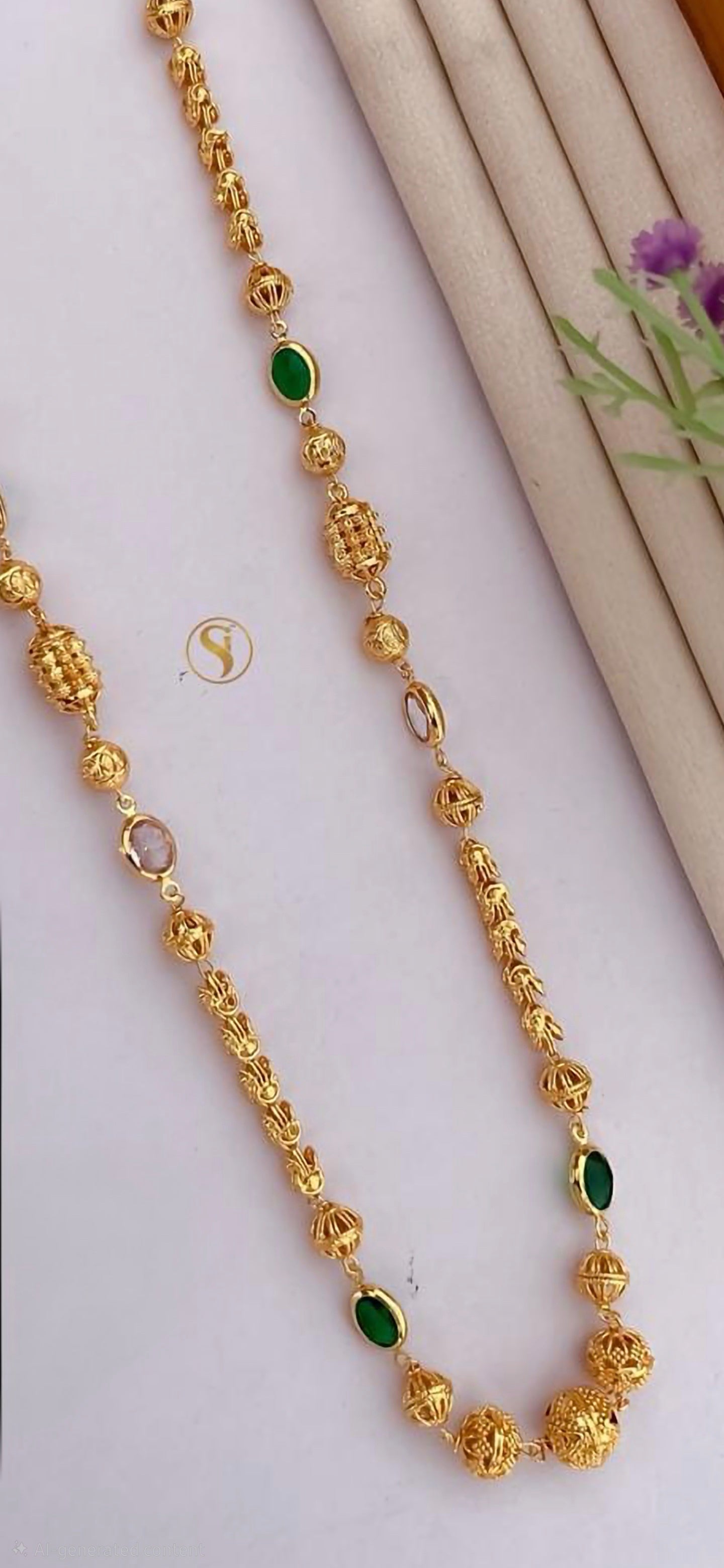 Gold Plated Matar Mala Necklace for Women – Traditional Indian Long Mala Chain with Green Stone Detailing | Ethnic Wedding Jewellery