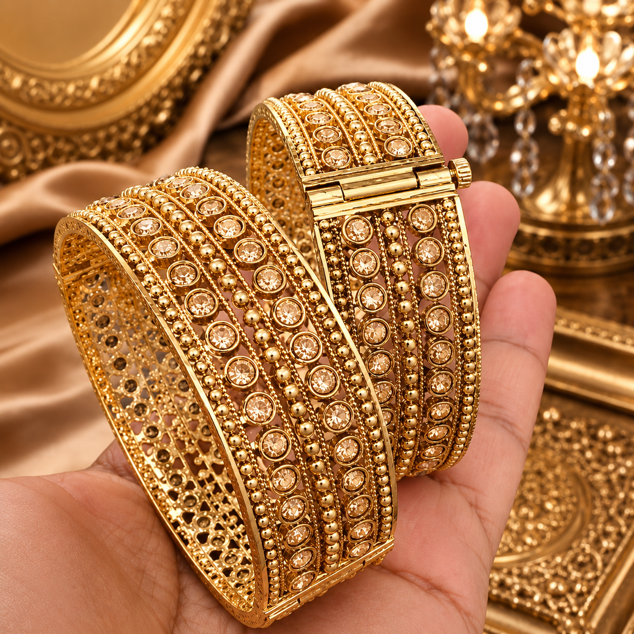 Gold Plated Kundan Openable Bangles Set for Women | Indian Bridal Kada Bracelet | Traditional Ethnic Wedding Jewellery | Bollywood Style Bangle Pair