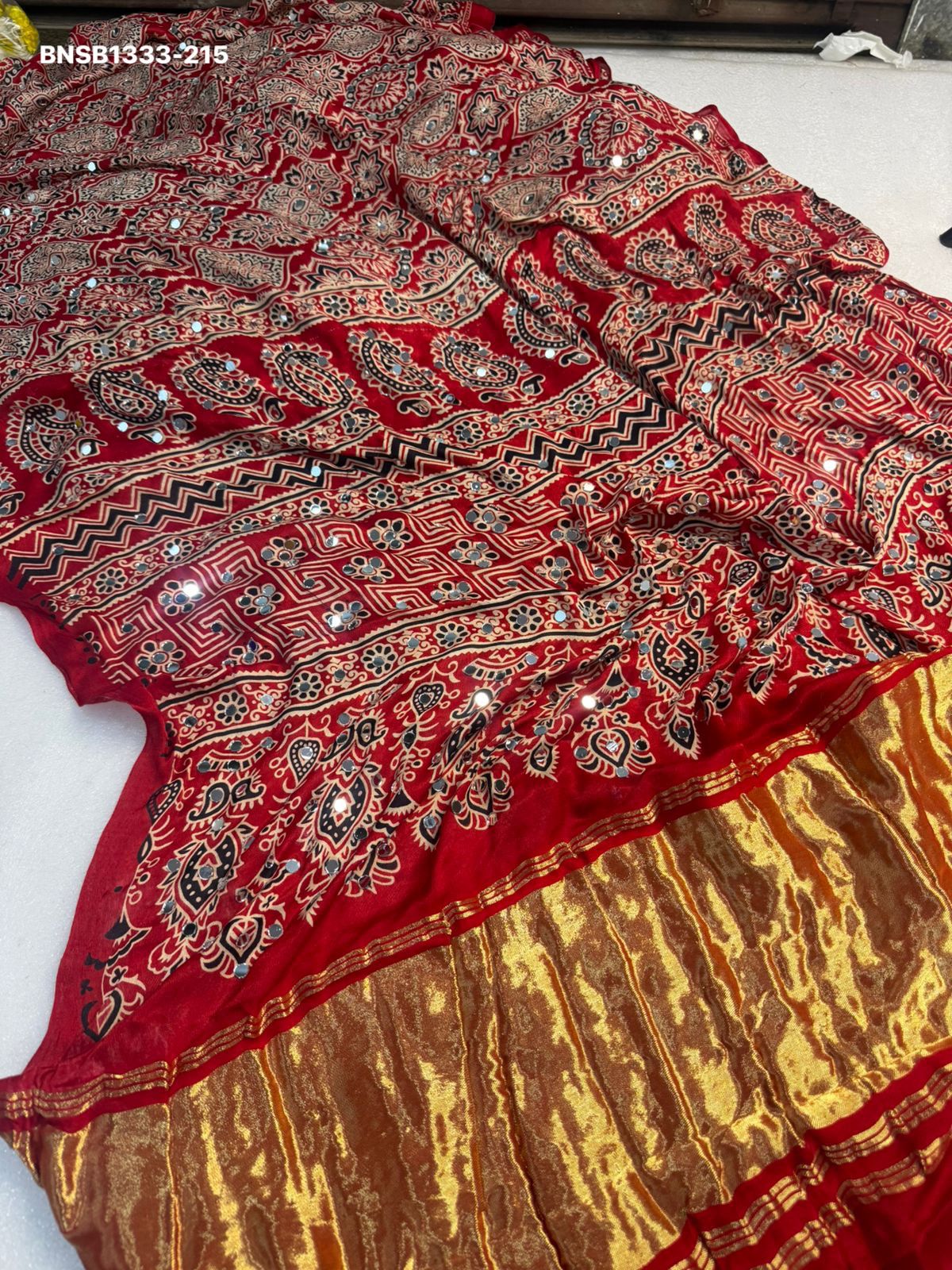 Elegant Ajrakh Bandhani Gaji Silk Saree With Mirror Work & Gota Patti Handwork –Traditional Bandhej Saree  Ready to wear fall pico completed