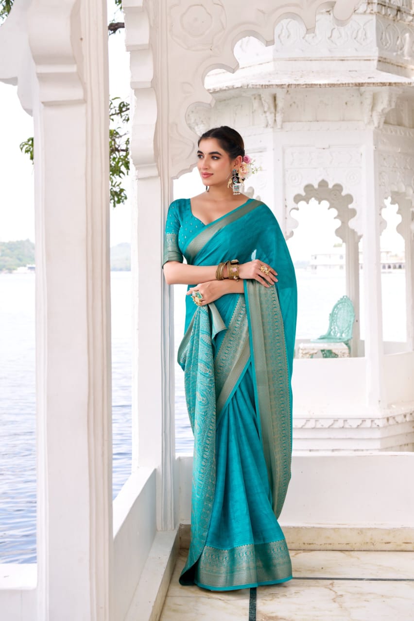 Premium Chinon Silk Saree with Intricate Zari Weaving & Self Print | Elegant Party & Occasion Wear