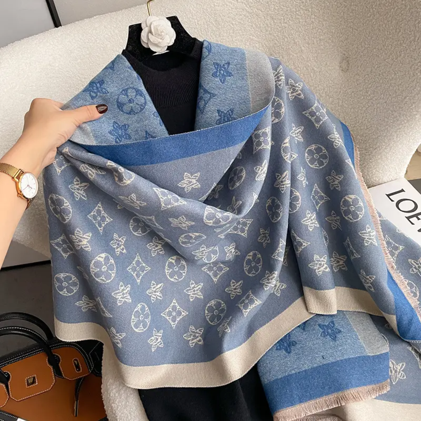 Blue monogram pattern scarf 