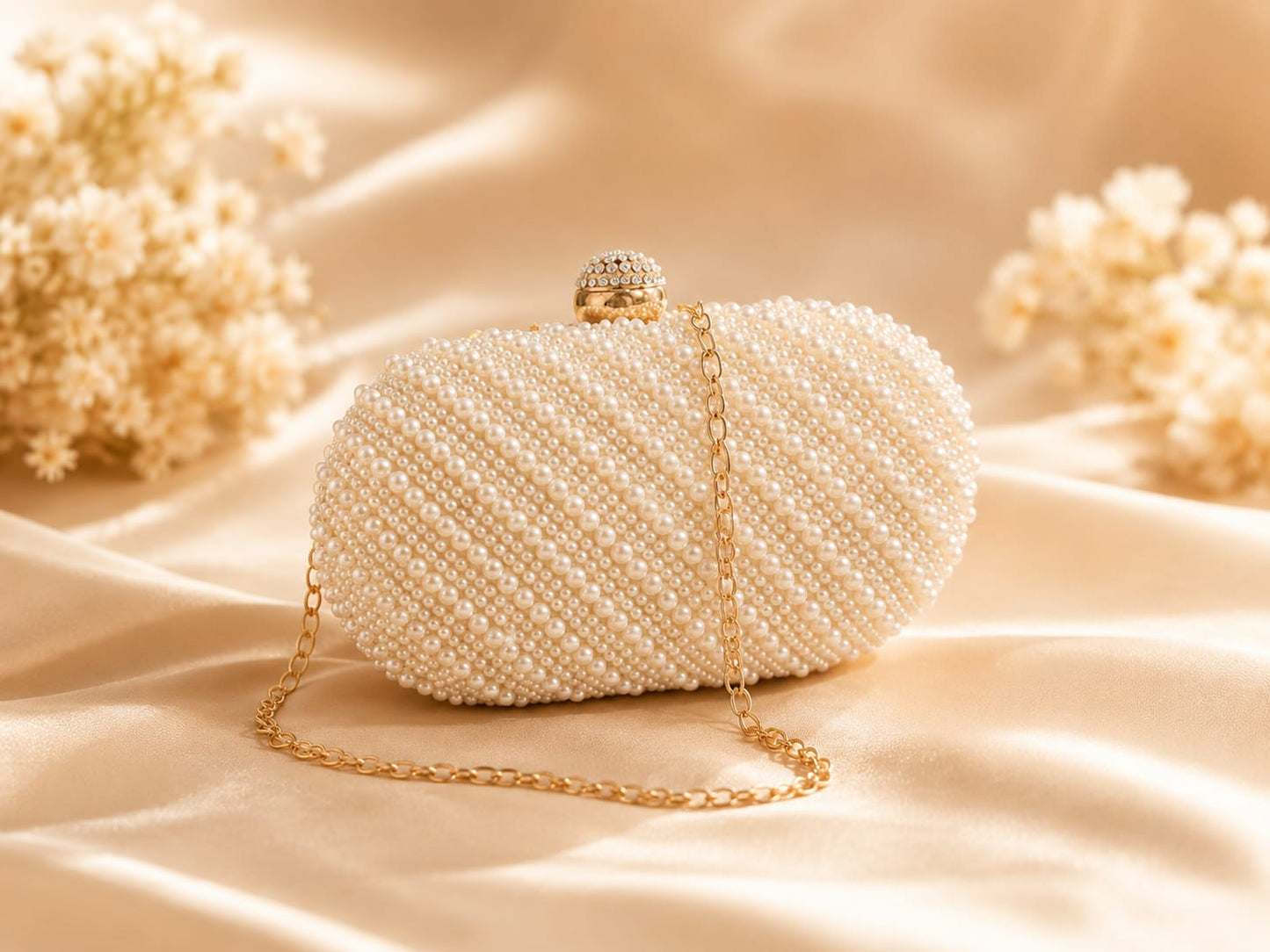 Pearl Beaded Clutch Bag – Ivory Bridal Wedding Evening Handbag with Gold Chain