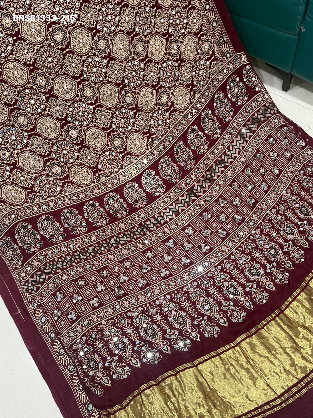 Elegant Ajrakh Bandhani Gaji Silk Saree With Mirror Work & Gota Patti Handwork –Traditional Bandhej Saree  Ready to wear fall pico completed