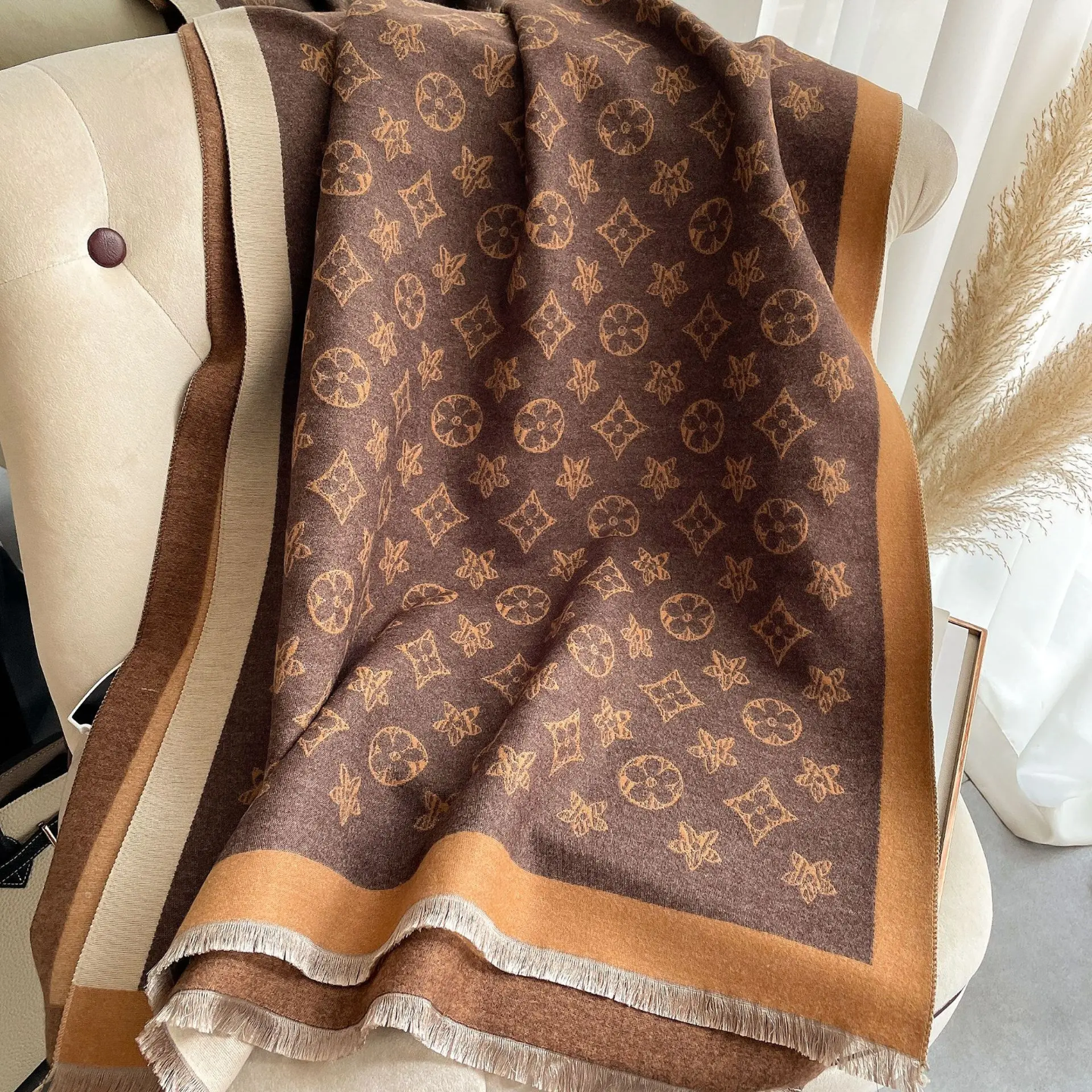 Luxury Monogram Pattern Scarf for Women | Soft Winter Shawl & Wrap | Elegant Statement Accessory