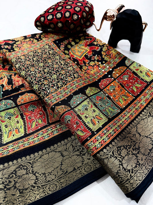Black Traditional Elephant Print Saree with Multicolour Ajrakh Inspired Design & Gold Zari Border | Indian Ethnic Wear