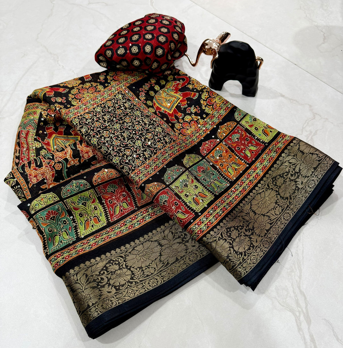 Black Traditional Elephant Print Saree with Multicolour Ajrakh Inspired Design & Gold Zari Border | Indian Ethnic Wear