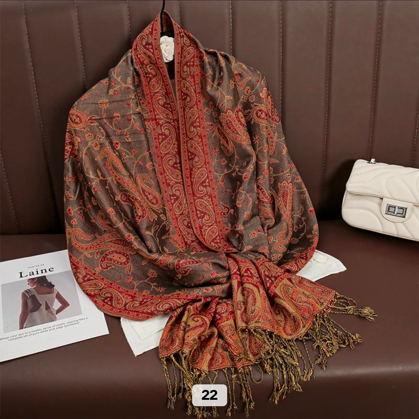 Luxury Paisley Woven Pashmina Shawl with Intricate Border & Tassel Fringe | Premium Kashmiri Style Wrap