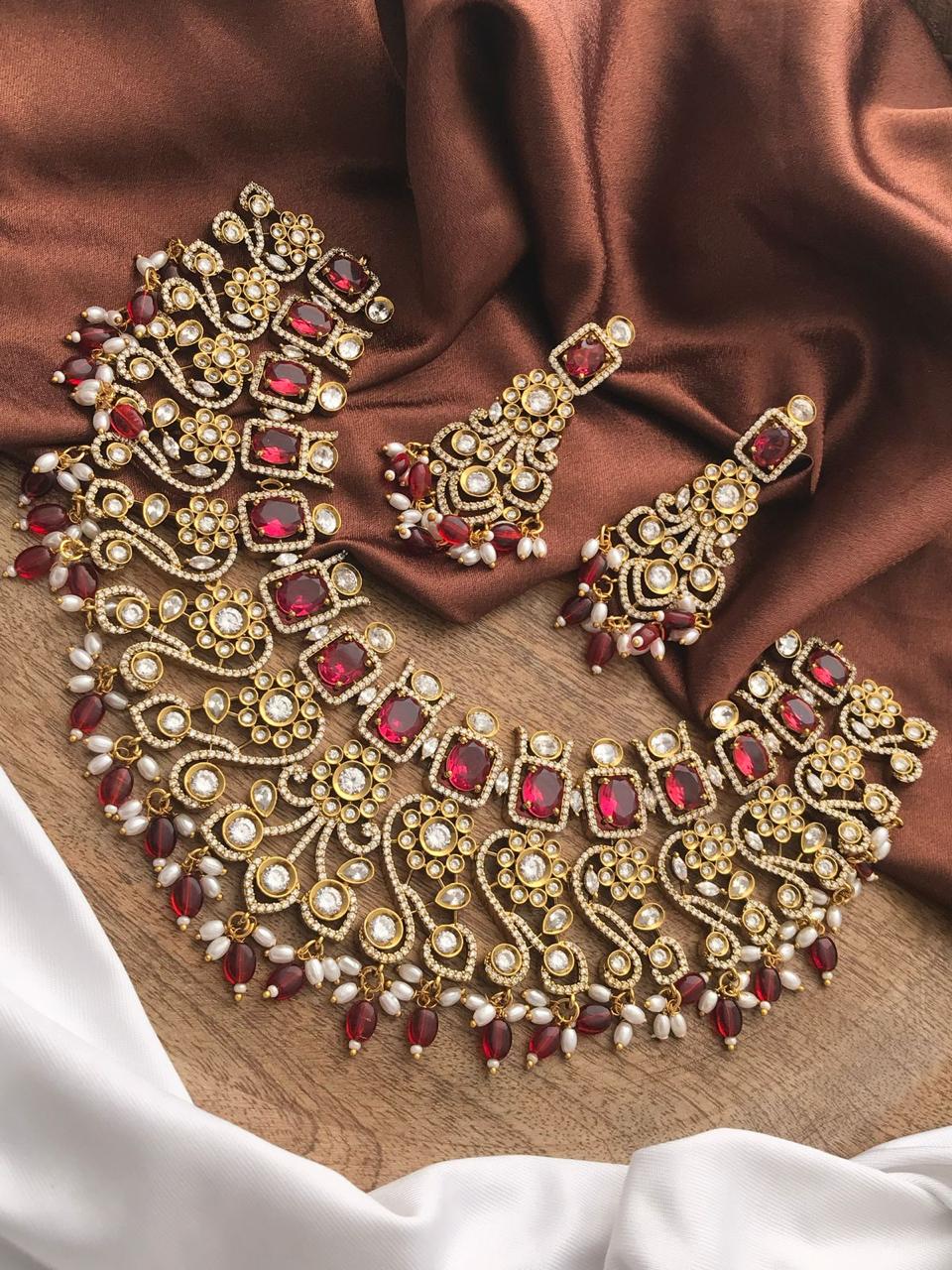 Kundan Choker Necklace Set with Matching Earrings – Available in Royal Navy & Ruby Red