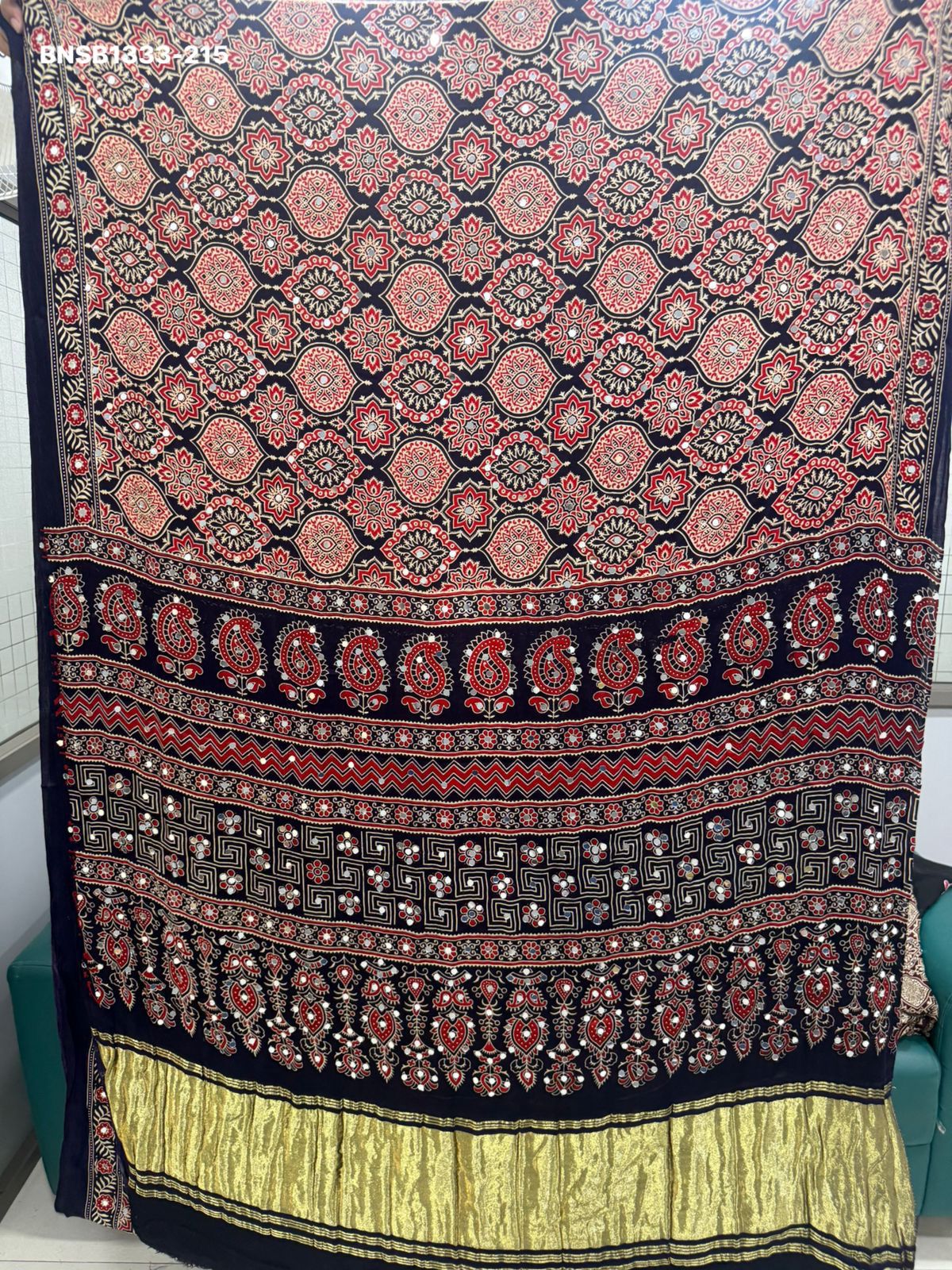 Elegant Ajrakh Bandhani Gaji Silk Saree With Mirror Work & Gota Patti Handwork –Traditional Bandhej Saree  Ready to wear fall pico completed