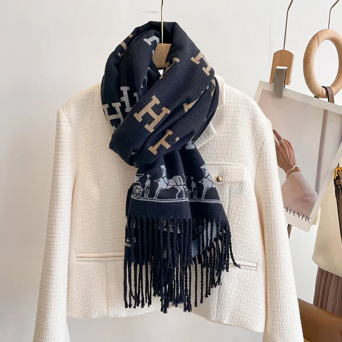 Black scarf With Horse and carriage pattern