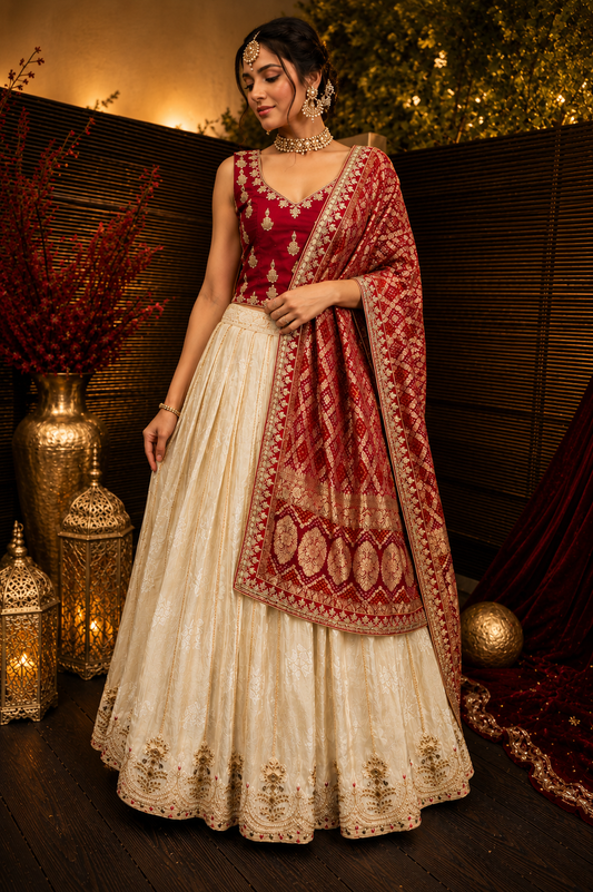 Elegant Semi-Stitched Lehenga Choli Set Red and Cream with Heavy Embroidery – Festive & Wedding Wear