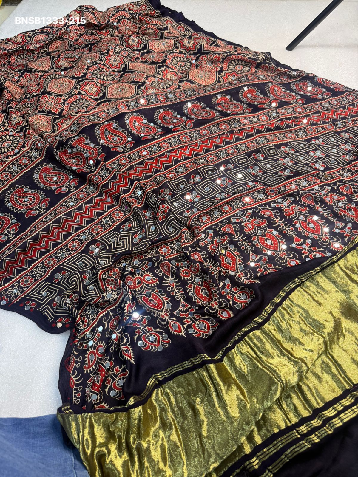Elegant Ajrakh Bandhani Gaji Silk Saree With Mirror Work & Gota Patti Handwork –Traditional Bandhej Saree  Ready to wear fall pico completed