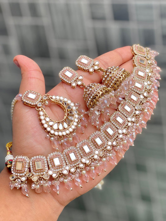 Blush pink kundan mirror choker necklace set with jhumka earrings – Indian bridal jewellery from Kanishma Sarees