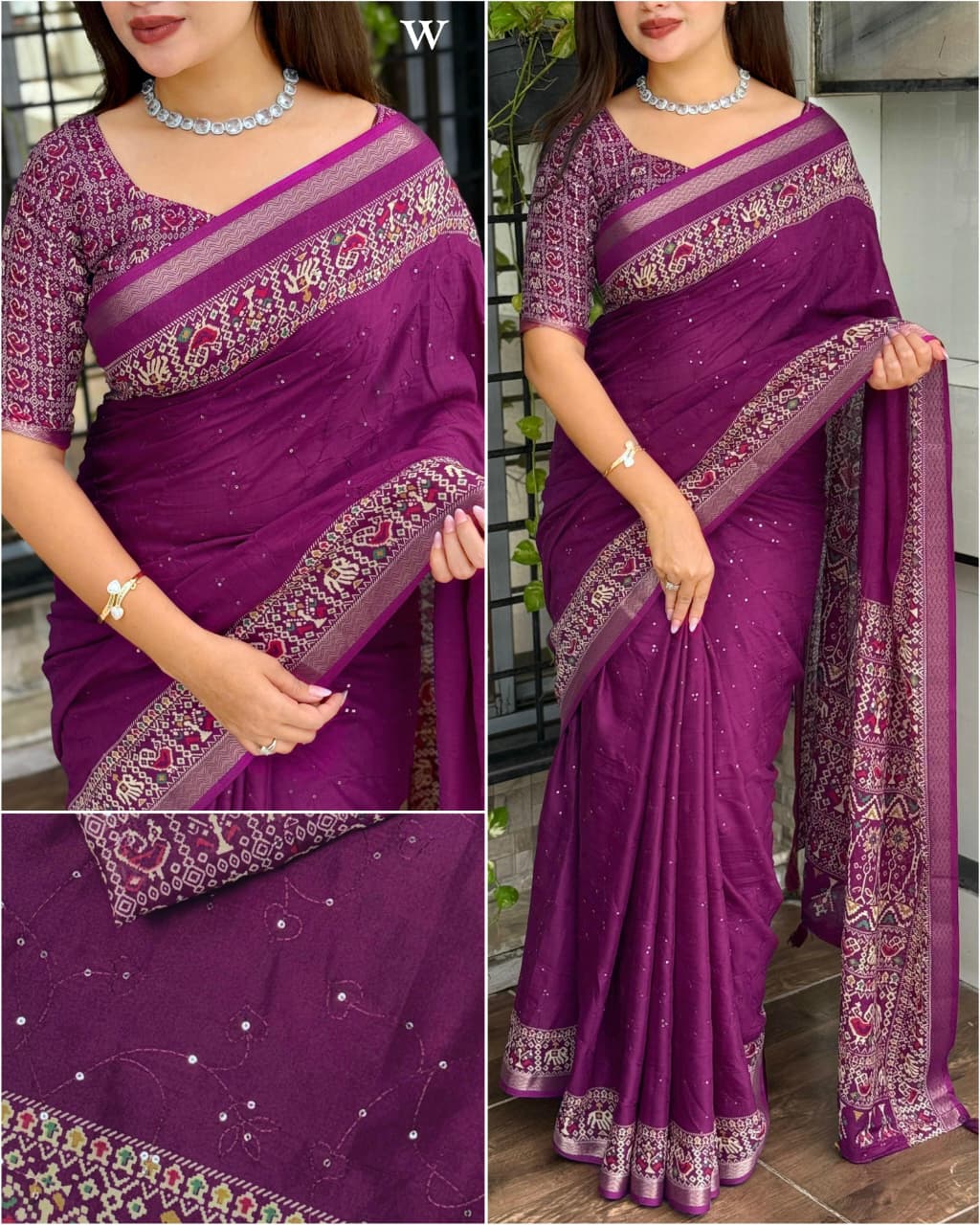 Purple Saree multi view 
Purple Pure Viscose Georgette Saree with Zari Work and Jacquard Border – Elegant Designer Partywear Saree