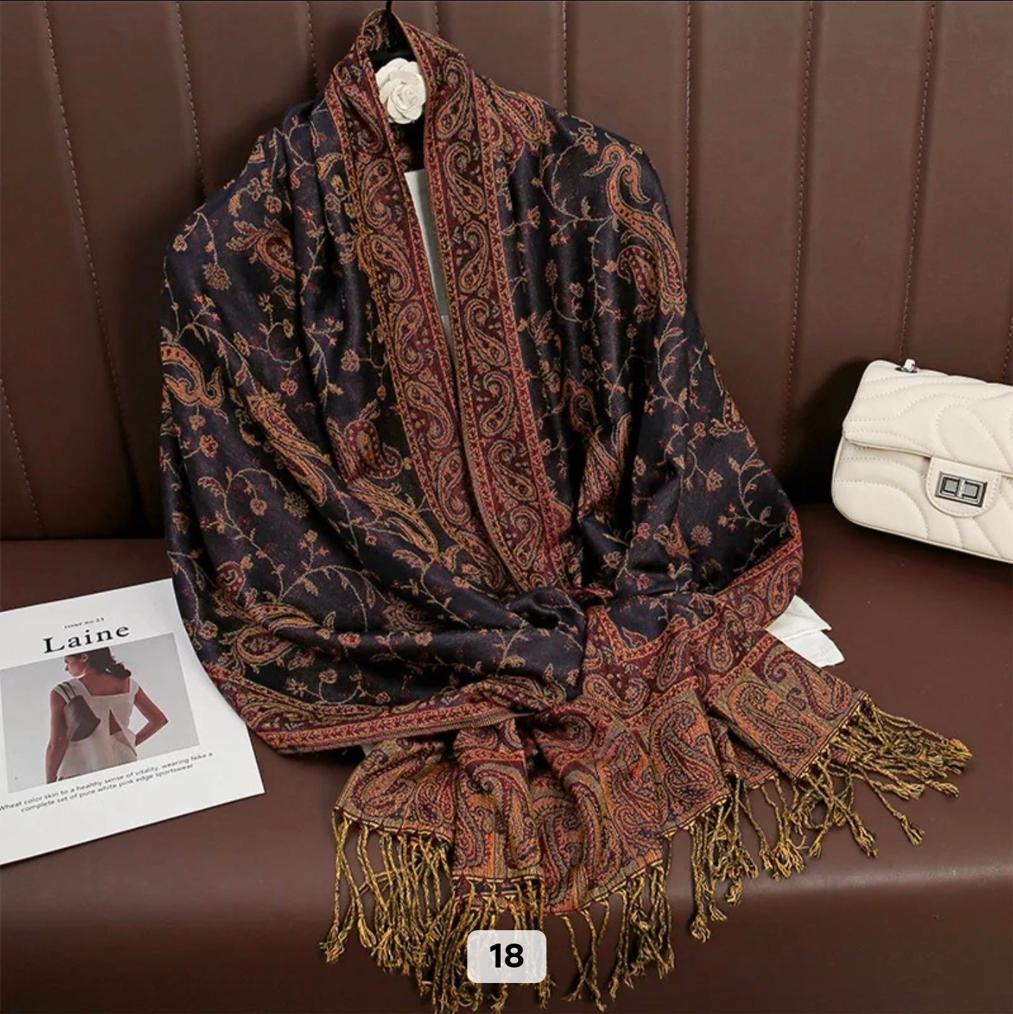 Luxury Paisley Woven Pashmina Shawl with Intricate Border & Tassel Fringe | Premium Kashmiri Style Wrap