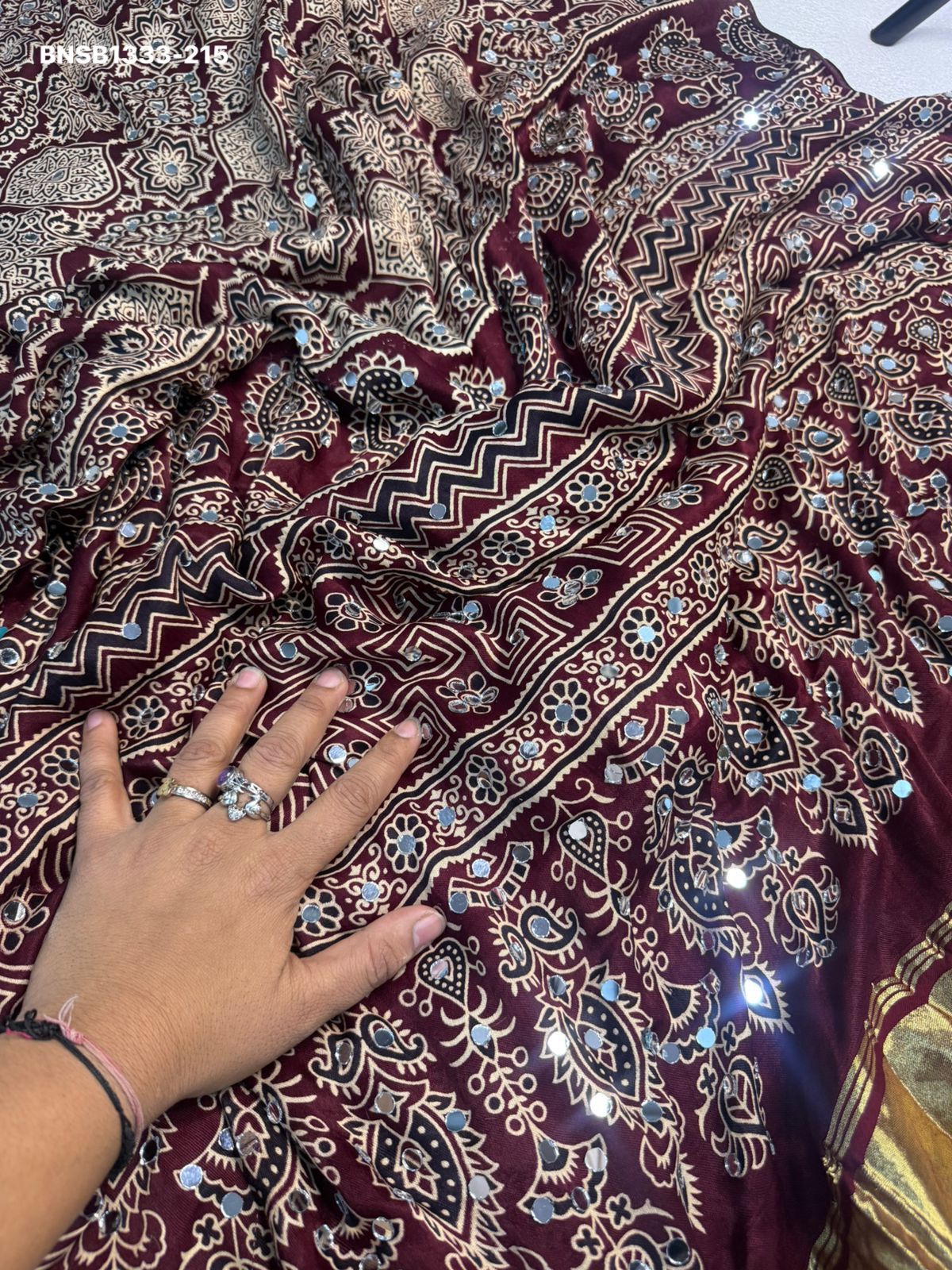 Elegant Ajrakh Bandhani Gaji Silk Saree With Mirror Work & Gota Patti Handwork –Traditional Bandhej Saree  Ready to wear fall pico completed