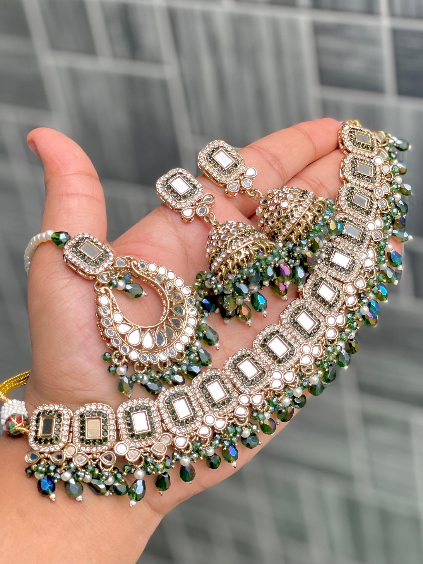 Emerald green kundan mirror choker necklace set with crystal bead drops and jhumka earrings – Indian wedding jewellery from Kanishma Sarees