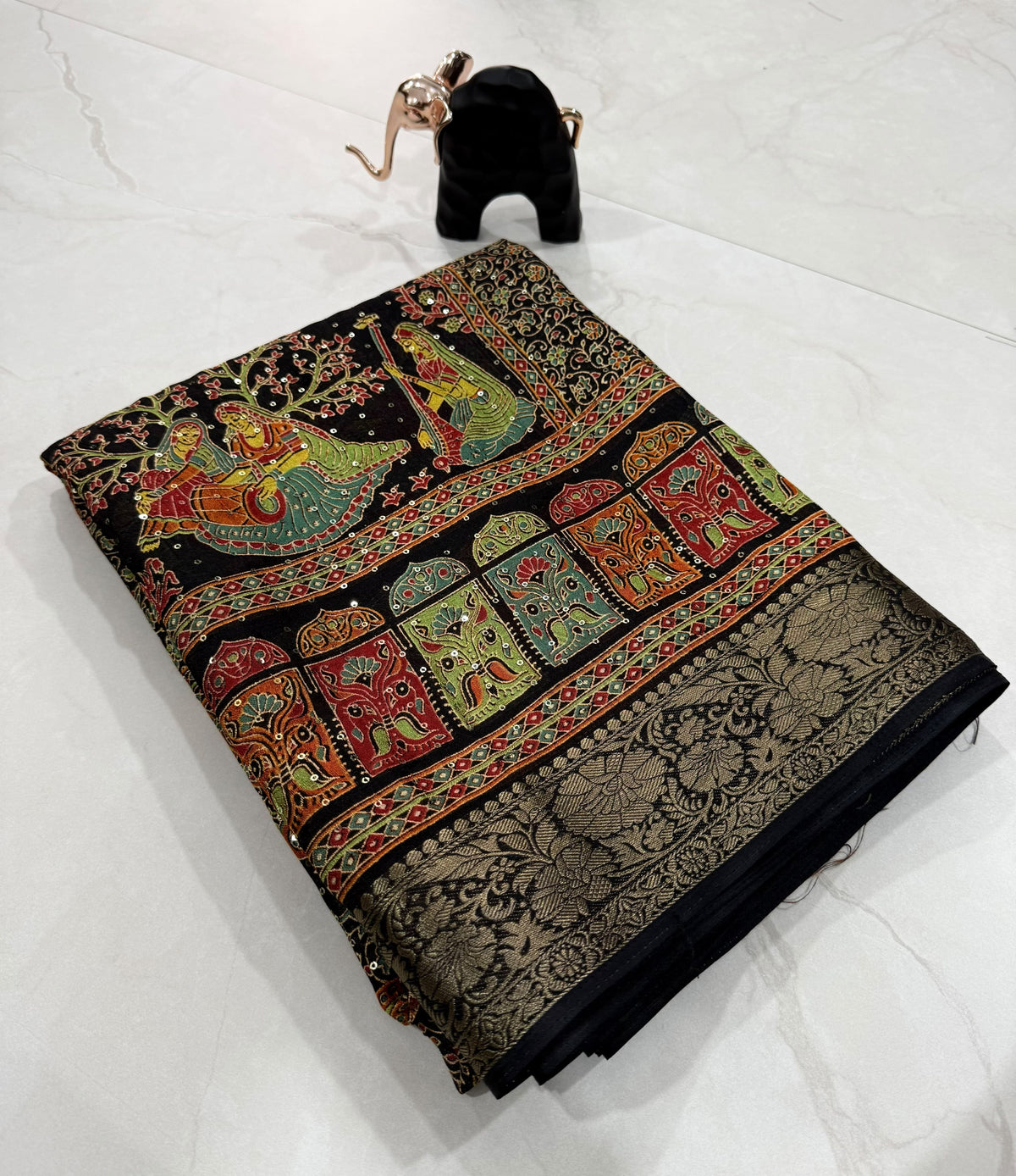 Black Traditional Elephant Print Saree with Multicolour Ajrakh Inspired Design & Gold Zari Border | Indian Ethnic Wear