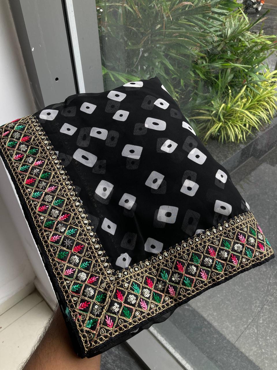 Sakhi 5 – Party Wear Soft Georgette Bandhej Saree with Heavy Embroidery Lace Border & Blouse